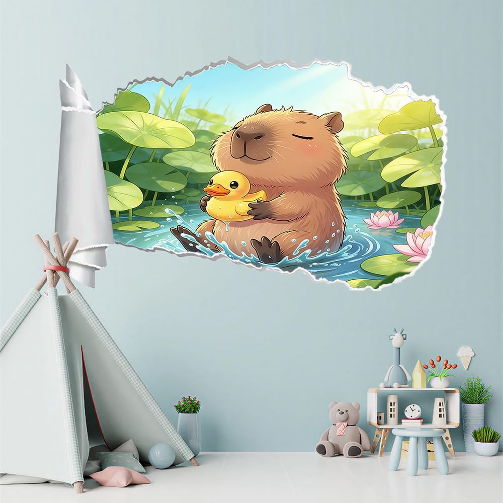 3D Wandtattoo Wanddurchbruch, Wasserschwein-Gummiente Durchbruch Wandaufkleber für Kinderzimmer, sticker für Wohnzimmer, Lotusblattsee Wandsticker, Wandbild Junge Mädchen Schlafzimmer
