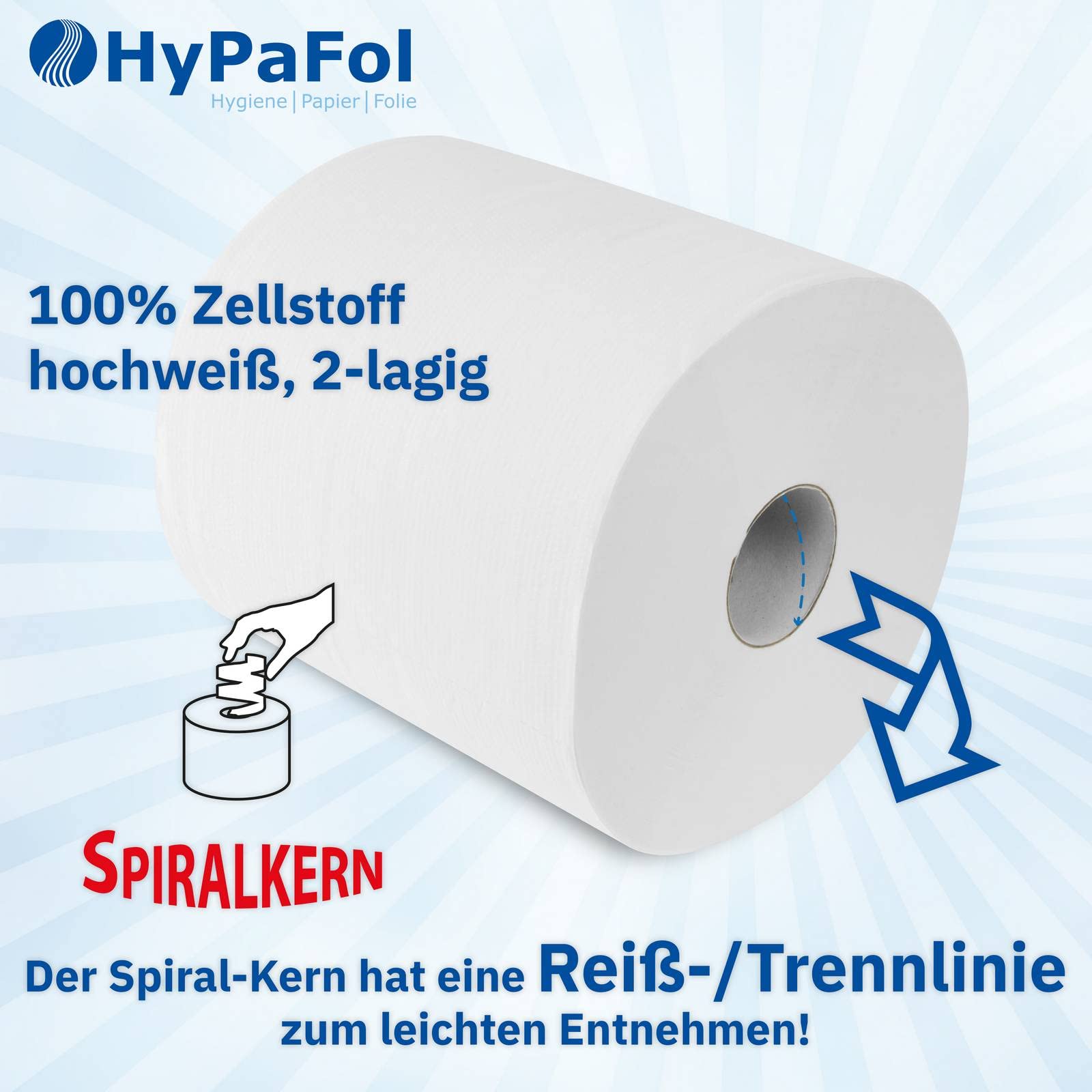 Hypafol Handtuchrolle aus Zellstoff | 2-lagig, 6 Rollen, hochweiß,20 x 23,5 cm, Ø19 cm |mit bequemer Innen- und Außenabwicklung - Perfekt für Sauberkeit und Hygiene!