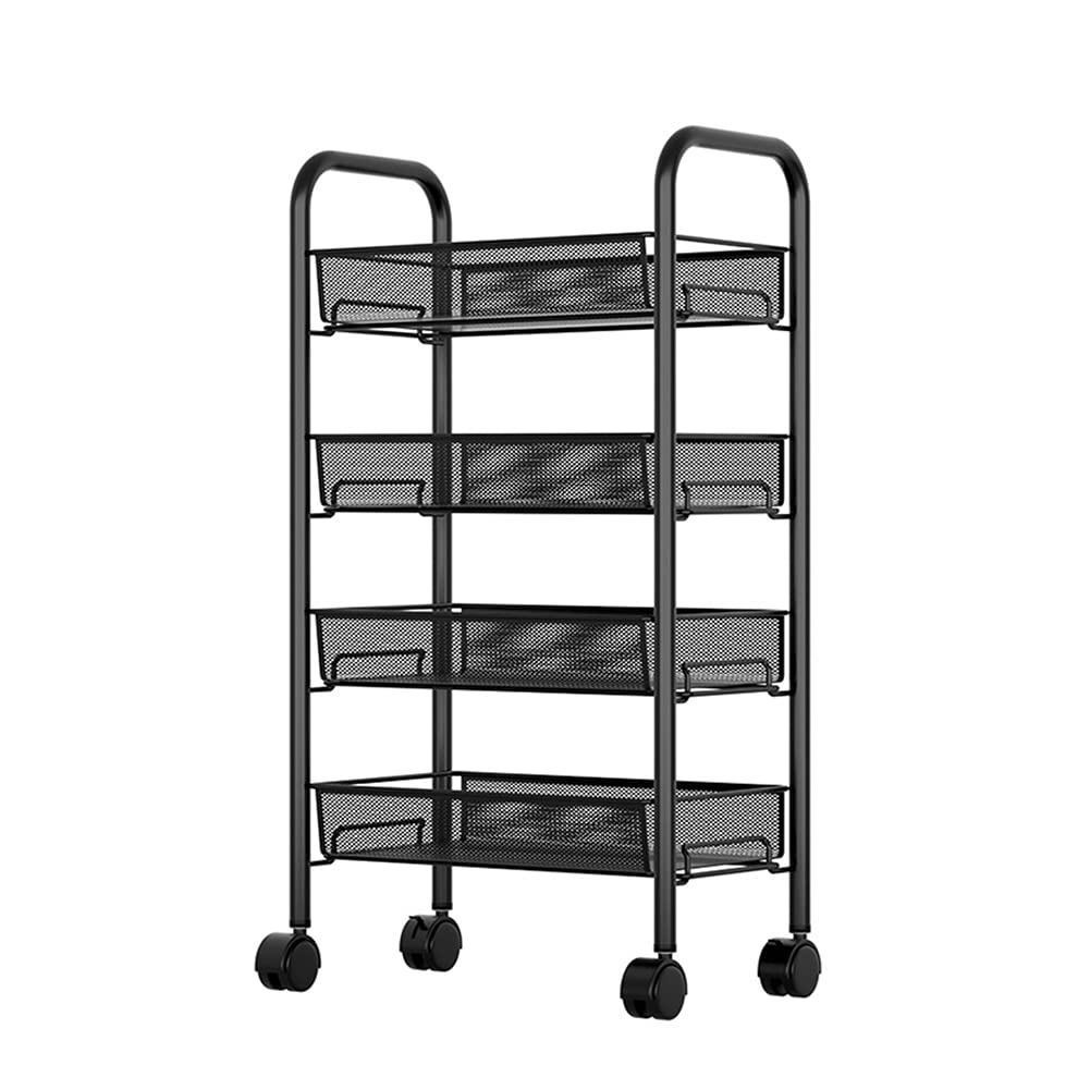 Carrello Girevole di Rete Metallica a 4 Ripiani, Scaffale con Ruote, Carrello Portaoggetti con 4 Ganci e 4 Cestelli in filo Rimovibili, Carrello Portaoggetti Organizzatore per Cucina, Soggiorno, Bag