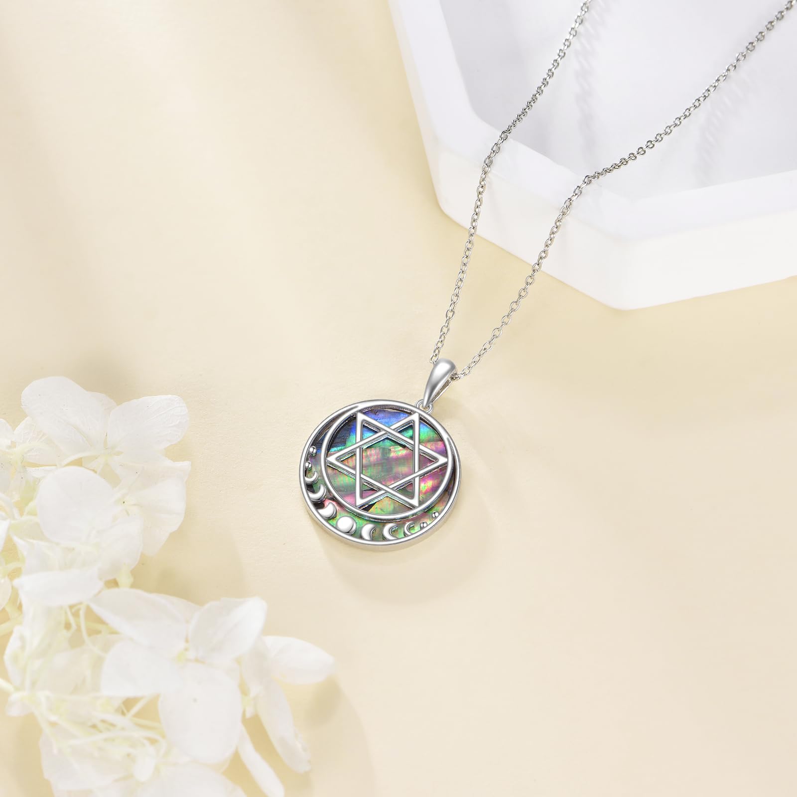 Collana con ciondolo a forma di stella di David, in argento Sterling 925, con conchiglia di abalone e fasi lunari, gioiello da donna