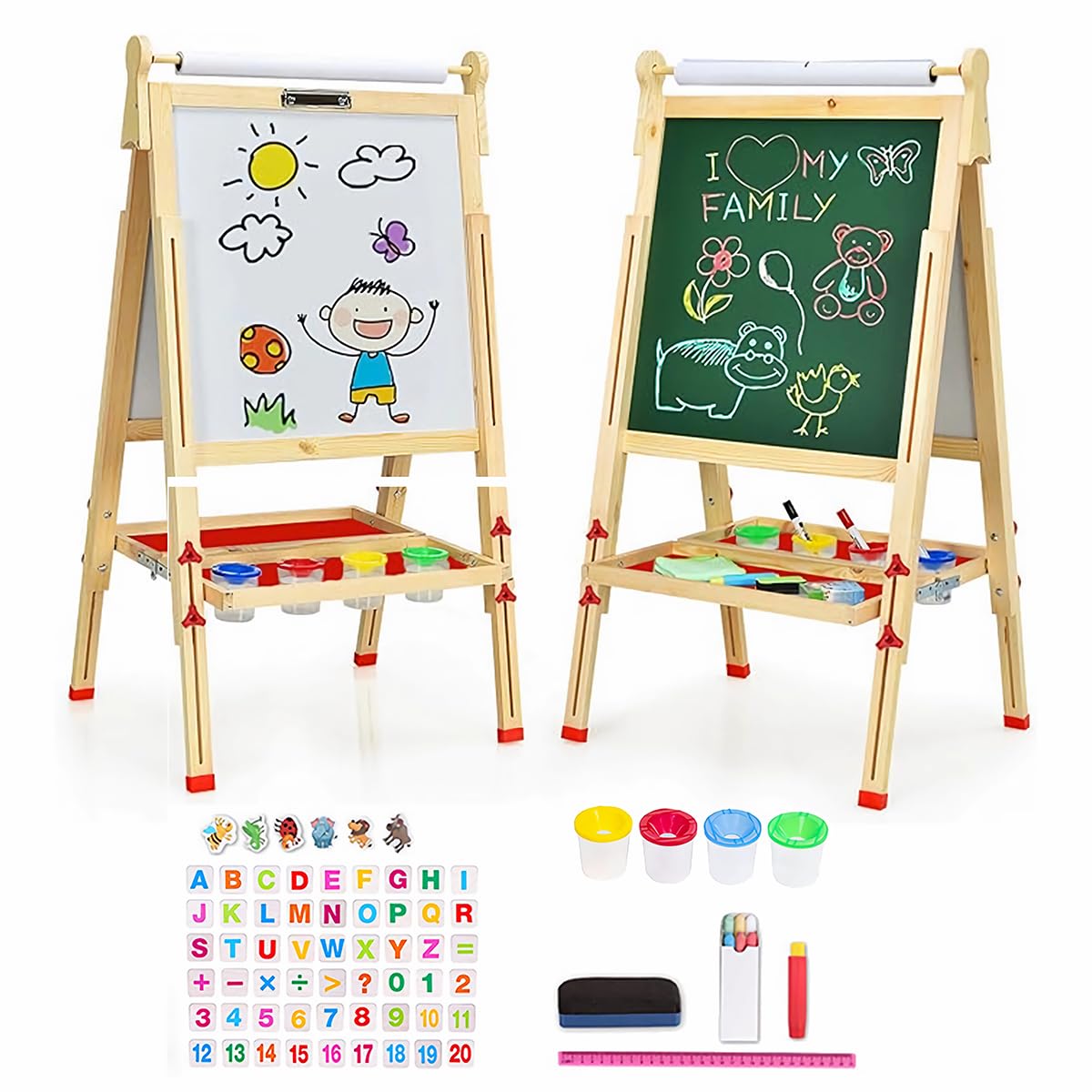 EAQ Easel for Kid,Height Adjustable Wooden Art Easel,Whiteboard Chalkboard with Paper Roll Holder,Letters and Numbers Magnets and Other Accessories Best Birthday Gift for Kids