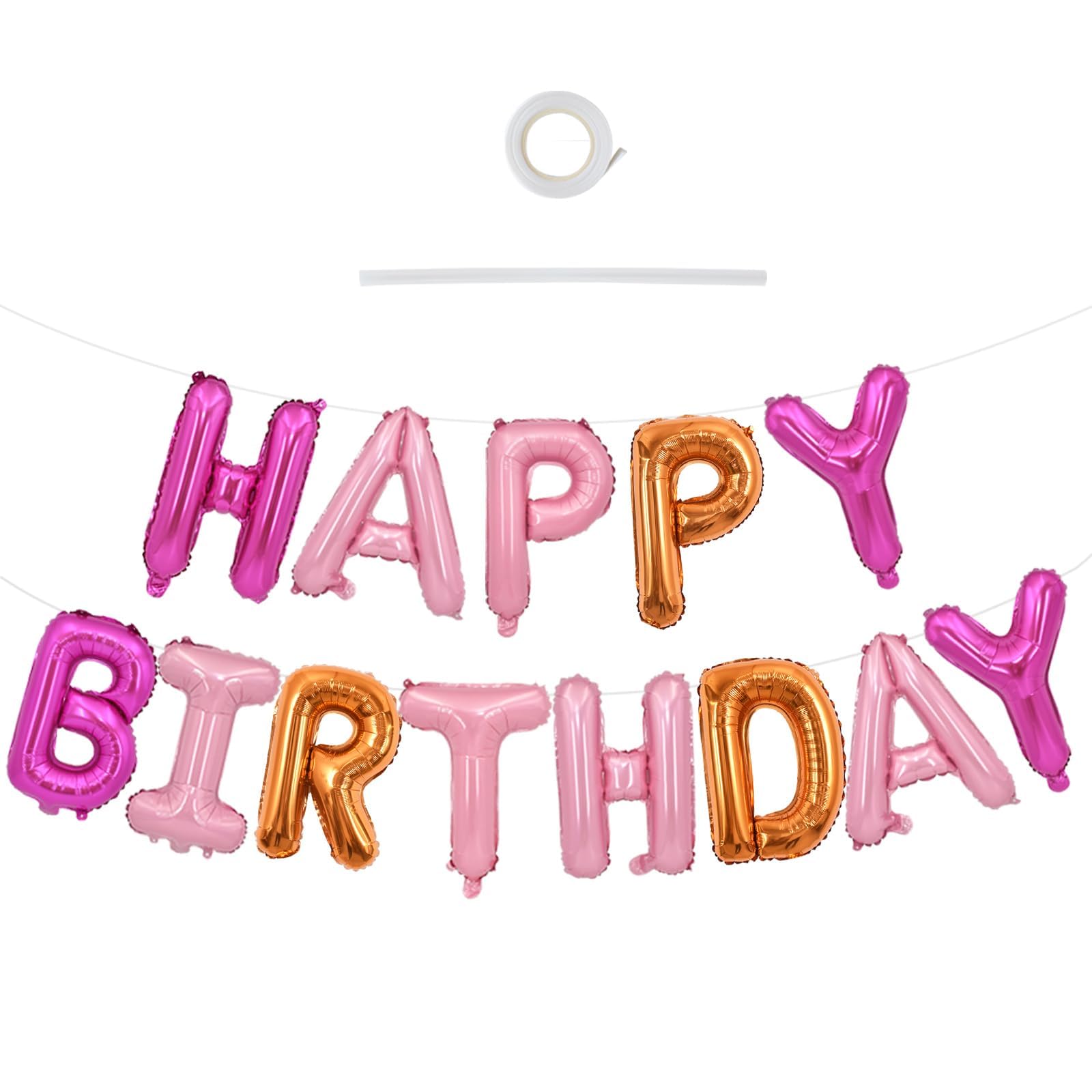 TONIFUL 16 Inch Letter Balloons Happy Birthday Balloons with Ribbon Straw, 16 Inch Mylar Letters Birthday Sign Banner Bunting Reusable for Adults Party Decorations Supplies(Rose Light Pink Orange）