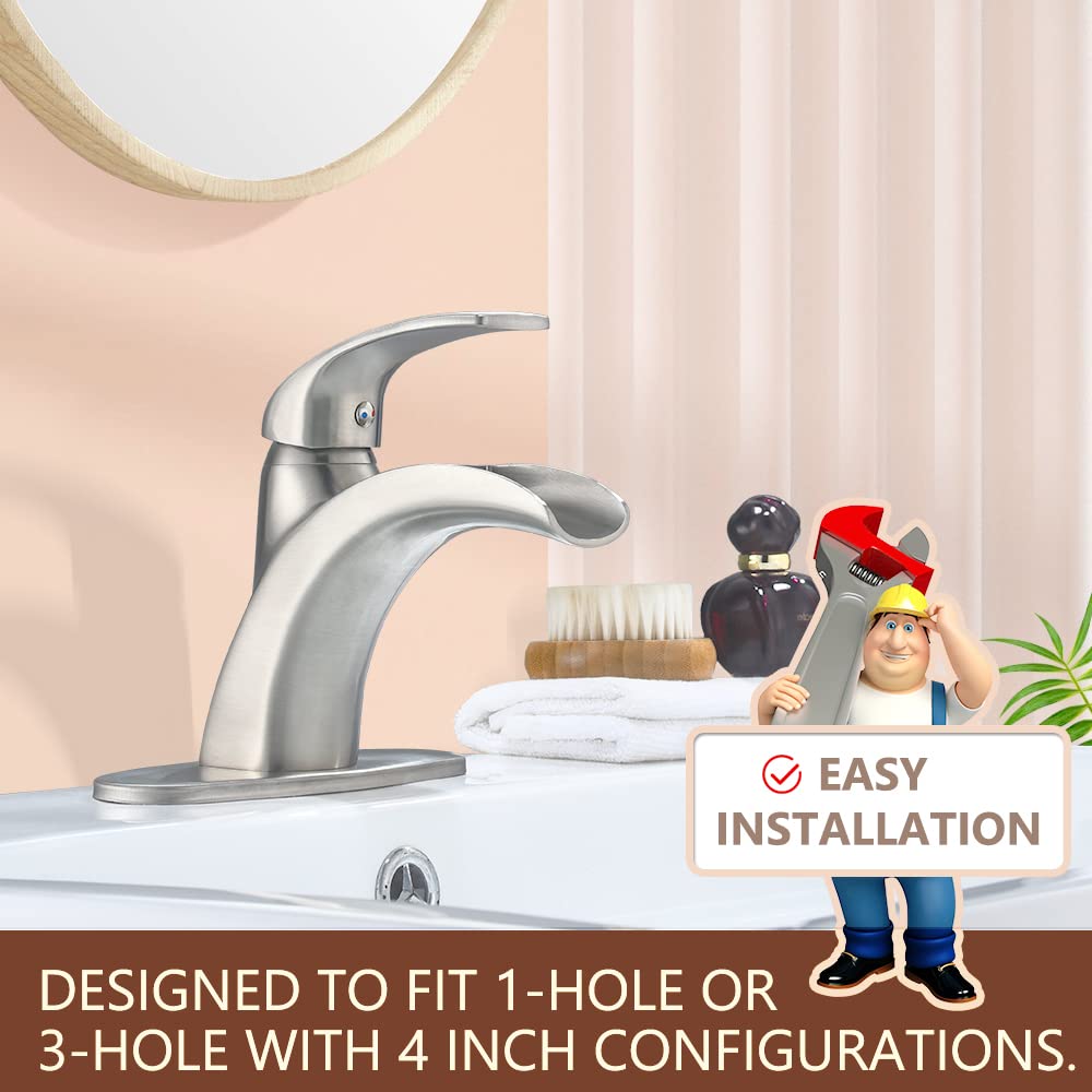 Beati Brushed Nickel Waterfall Bathroom Faucet Single Handle Brass cUPC Certified Single Hole Vanity Sink Faucet with Pop up Drain