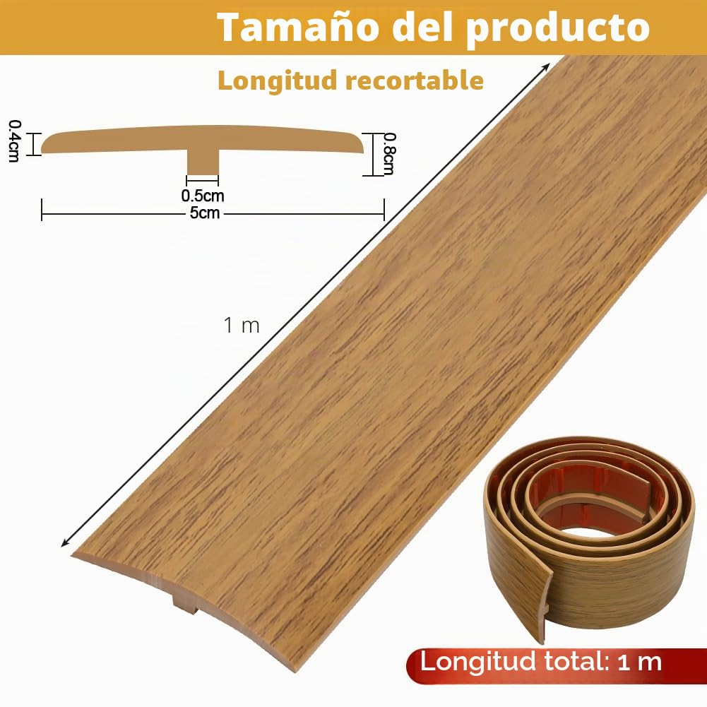 1M * 5CM Perfil de transición autoadhesivo, raya de umbral de puerta de PVC, perfil en T para nivelación de altura, raya de cobertura para suelos de parquet, laminados y umbrales (Madera Yu amarilla)