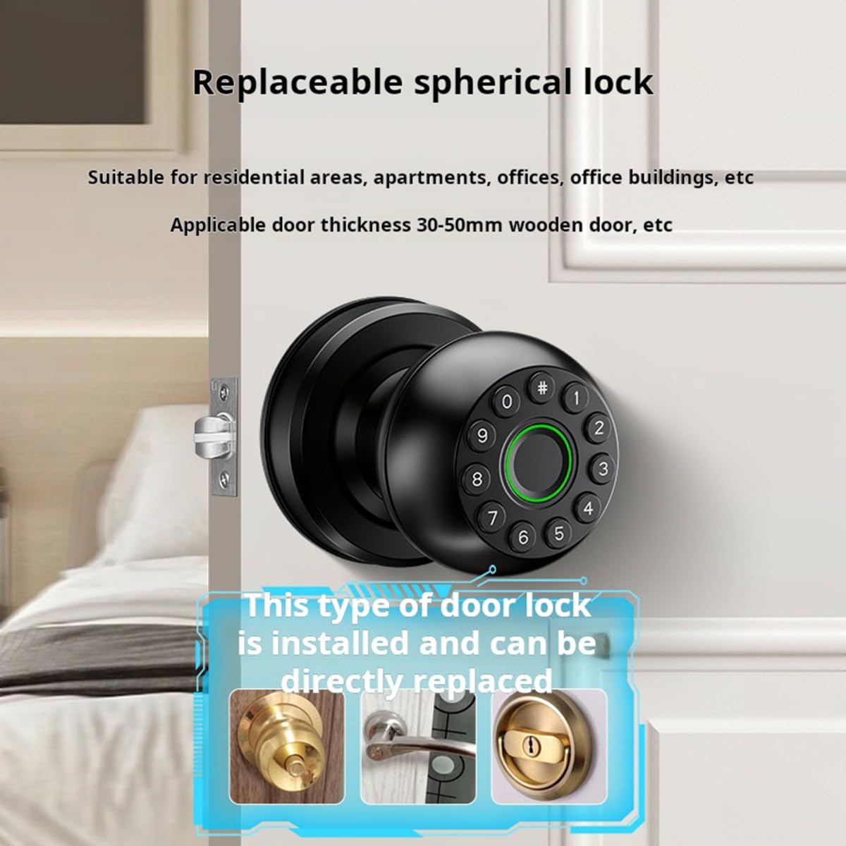 Bouton de porte à empreinte digitale, serrure de porte électrique, serrure de porte intelligente, serrure de porte biométrique, serrure intelligente avec contrôle par application, chargeur de