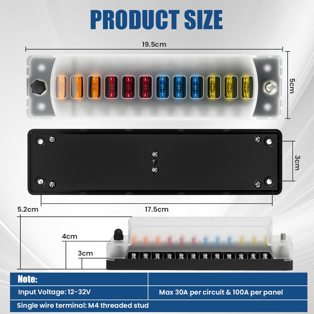 Flintronic Scatola Fusibili 12 Vie, Portafusibili Lama Atc/Ato, 24 Fusibili, Con Indicatore Led E Impermeabile Coperchio Di Protezione, Per Auto, Barca, Furgone, Suv, Moto- Rettangolo * Stile A