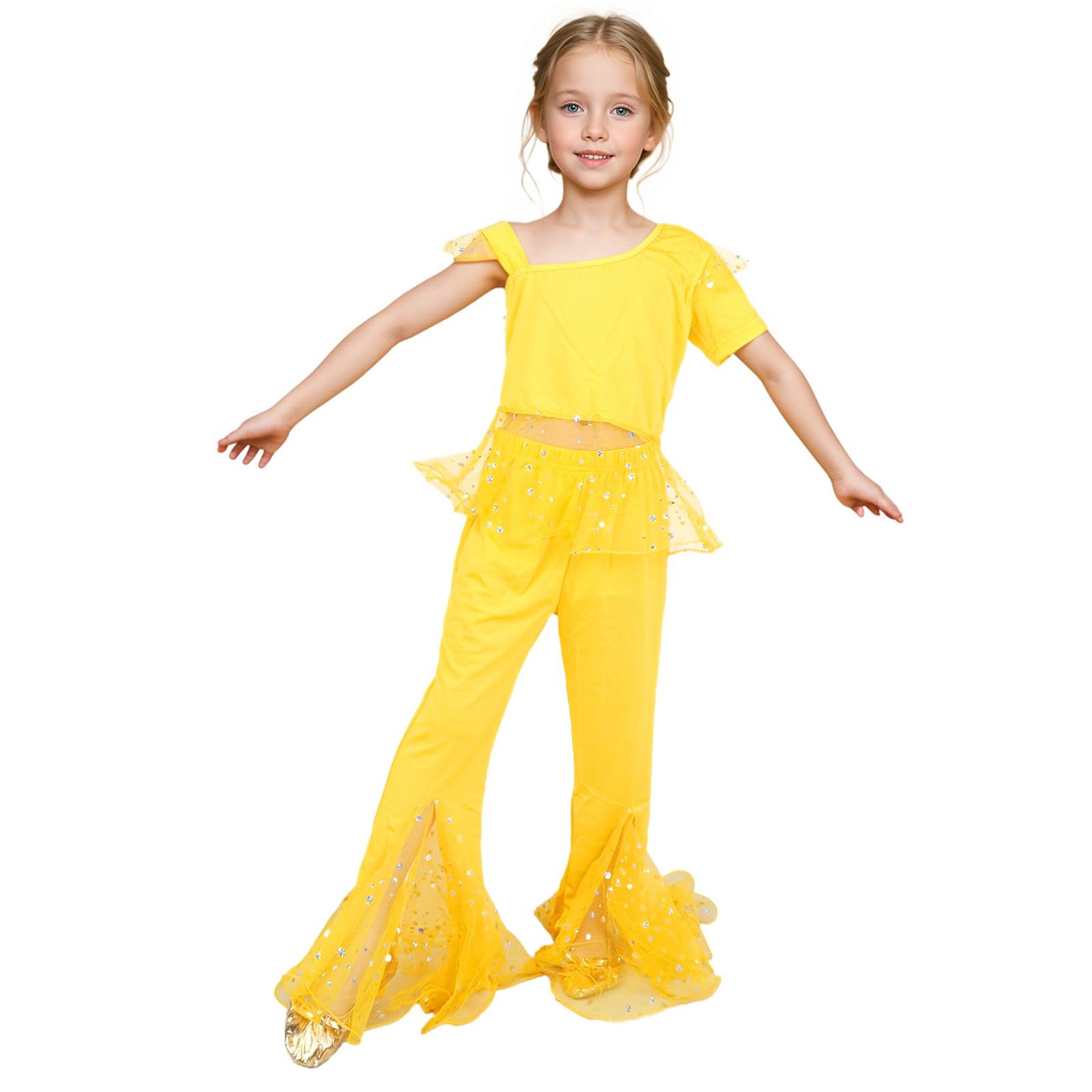 Baisdan Girls Belly Dance Costume India Belly Dance Arabian Princess Halloween Set Yellow 5-6 Years