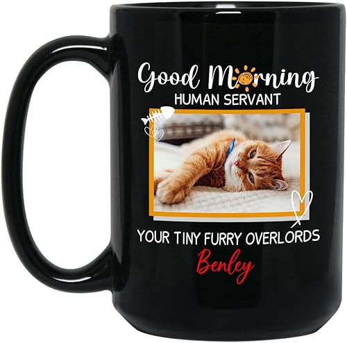 Taza de café con marco de fotos personalizado, regalo para gato, papá, gato, mamá, Good Morning Human Servant Your Tiny Furry Overlords, taza de