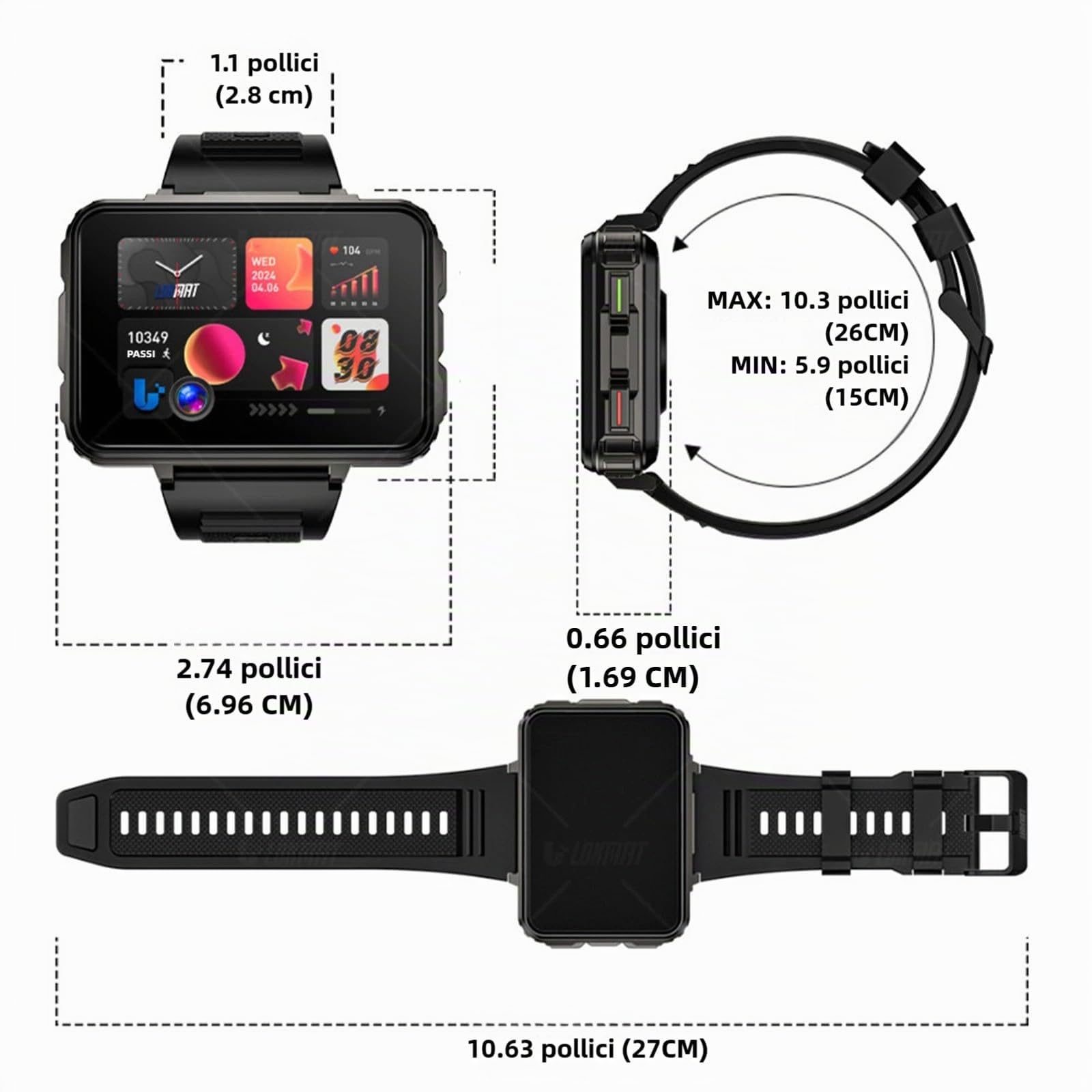 LOKMAT Montre intelligente 4G 6 Go + 128 Go Android Appel téléphonique Téléphone Téléphone Grand écran 2,4" Montre de sport 1500 mAh Double Caméra WiFi Bluetooth GPS Montre intelligente pour homme