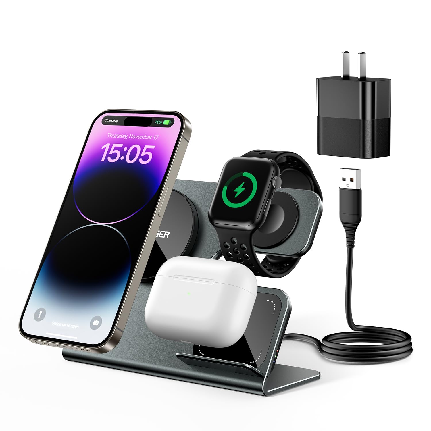 3 in 1 Aluminum Alloy Magnetic Wireless Charging Station Compatible with iPhone 16/15/14/13/12 Series, ESSAGER 15W Wireless Charger Office Bedroom