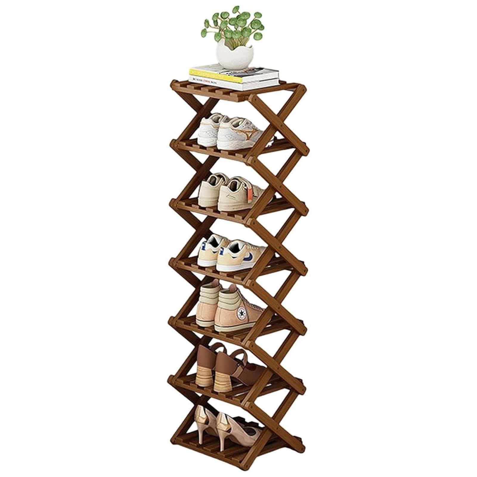 outer treasure Multi Tier Shoe Rack,Shoe Racks Storage,Narrow Shoe Rack,No Installation Foldable X Shape Shoe Racks,Multi layer Show Rack for Bathroom,Living Room Entryway (Brown-7 Tier)