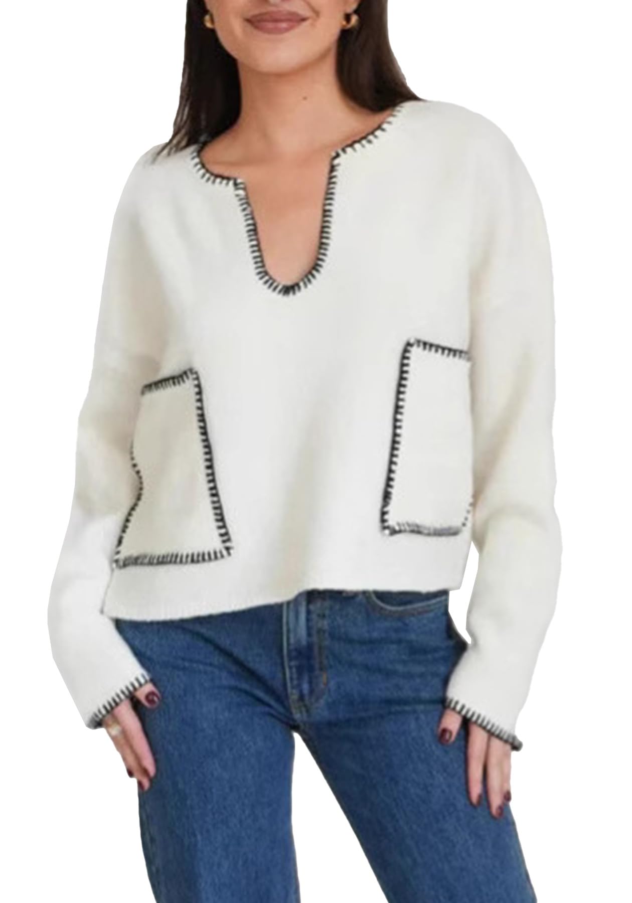 Geulis Womens Fall Cropped Sweater V Neck Long Sleeve Tops Pullover Sweaters with Pocket