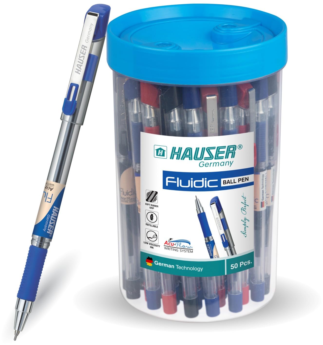 Hauser Fluidic 0,55 mm Kugelschreiber-Set, Gummigriff mit Acu Flow-Schreibsystem, trendiger Metallclip, transparenter Körper, nachfüllbarer Kugelschreiber, blaue, schwarze und rote Tinte, 50 Stück