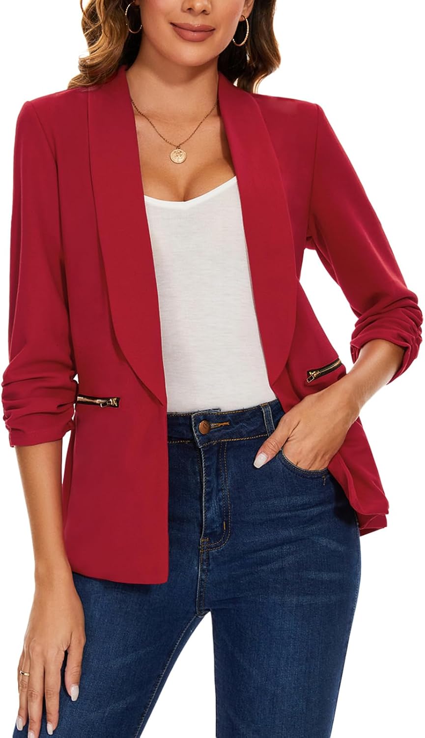 MINTLIMIT Womens Red Blazers Business Casual Open Front Suit Jacket Shawl Collar 3/4 Sleeve Blazer with Zipper Pockets,M