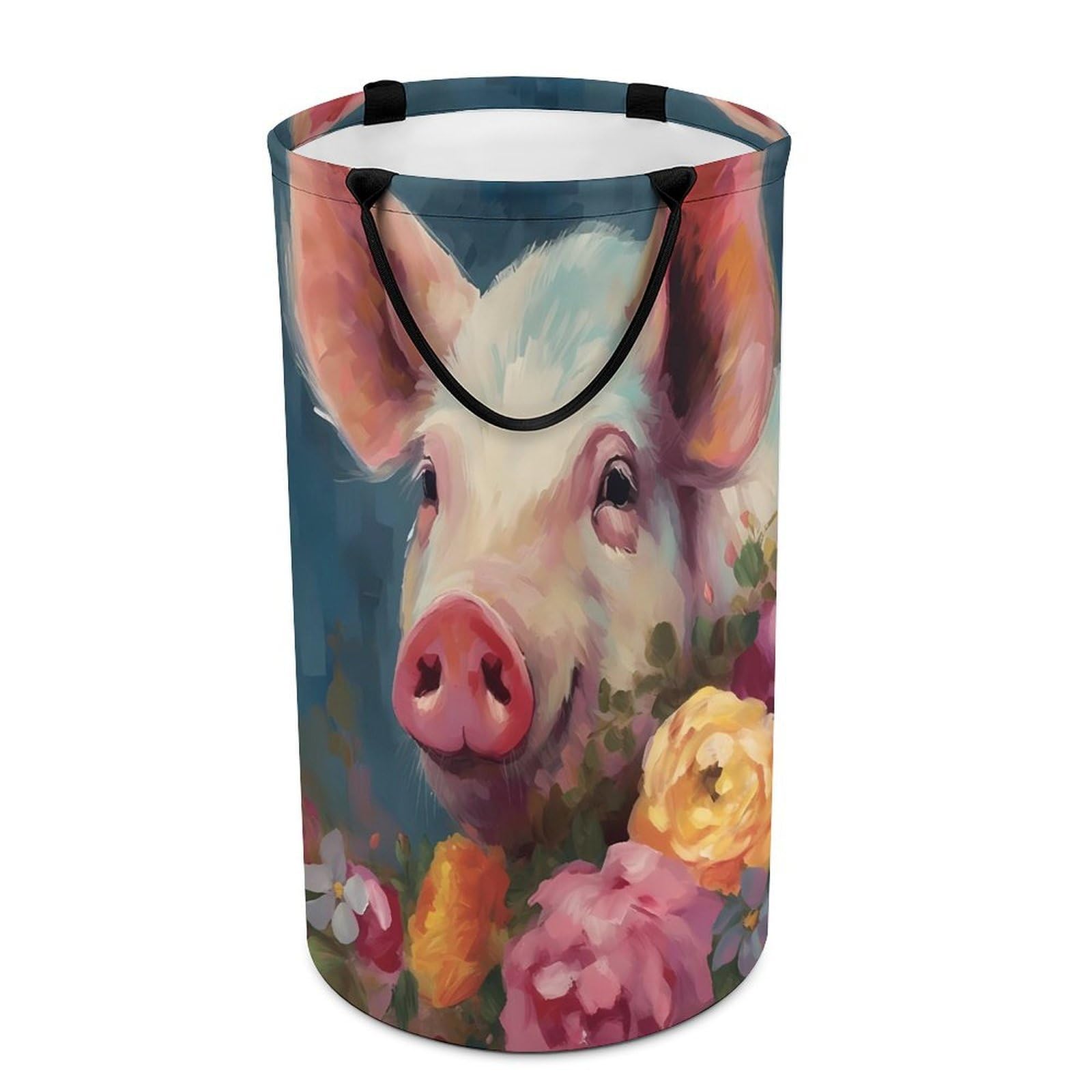 Painting Flower Pigs Laundry Basket Freestanding Laundry Hamper with Handles Waterproof Dirty Clothes Hamper Collapsible Washing Bin Aesthetic Clothes Basket for Bathroom Bedroom Dorm