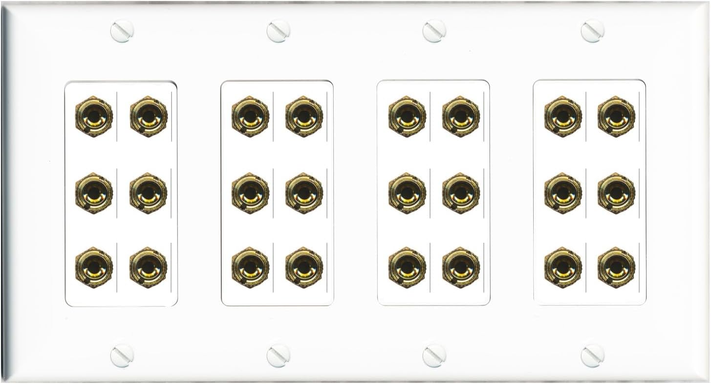 RiteAV 12.0 Surround Sound Speaker 24 Banana Wall Plate Female Connectors - 4 Gang [Black]