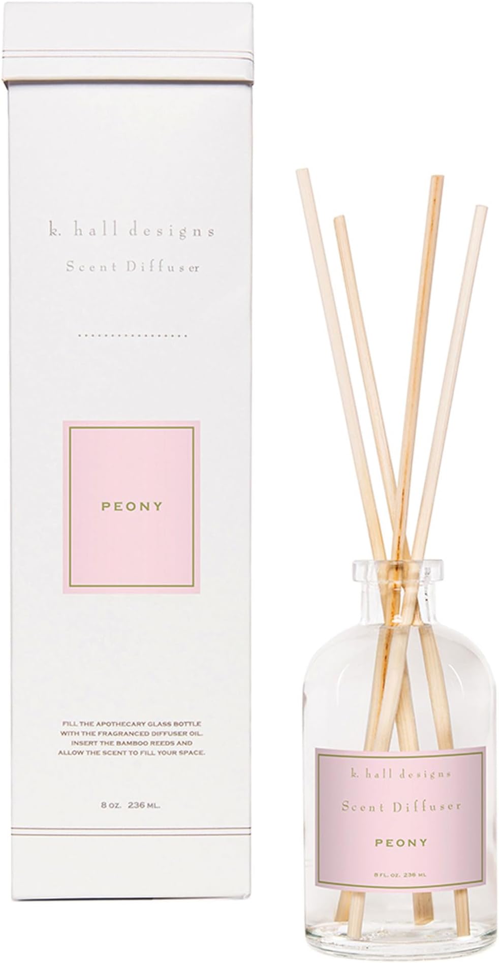 K. Hall Designs Peony Boxed Diffuser Kit, Sweet Peony Scent with Watery Notes, Reed Diffuser Set for Home, Long Lasting Aroma Diffuser, Refillable, 8 fl oz