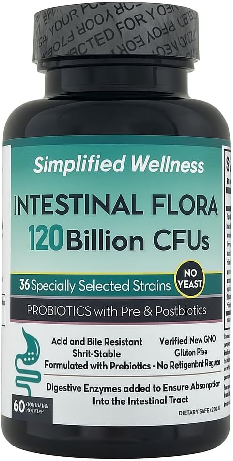 Intestinal Flora Probiotic: 60 Day Supply: 120 Billion CFUs: 36 Selected Strains & Prebiotics: Digestive Support: Gluten-Free, Non-GMO, No Yeast.