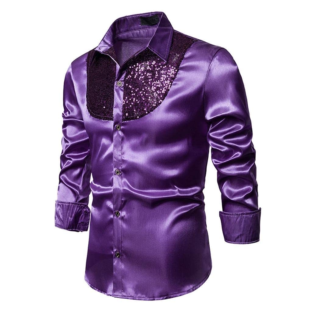 Mens Fashion on Down Shirts Long Sleeve Sequins Tops Shirt Purple XL|Clothing Shoes & Accessories | Dress Shirts|1 Piece Shirt-image-45
