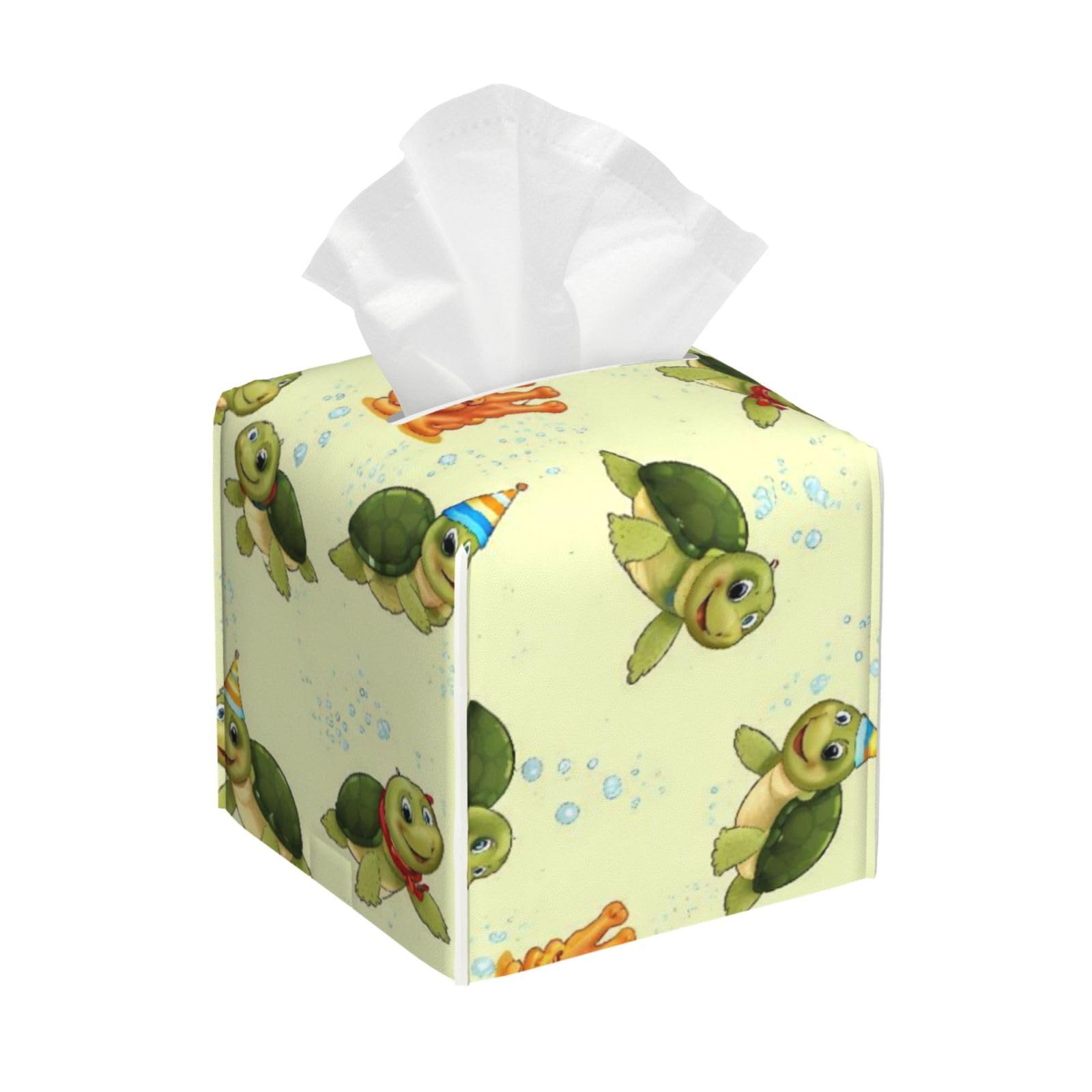 Cute Sea Turtles Themed Green Leather Tissue Box Cover Holder Square Facial Paper Organizer 5.2" X 5.2" X 5.2"