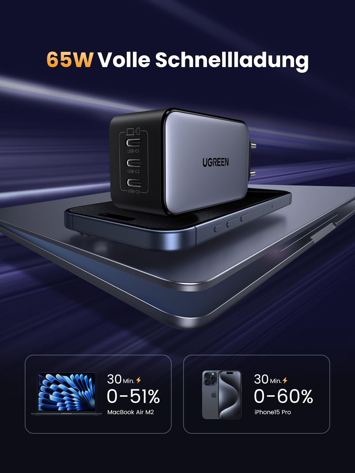 UGREEN Nexode USB C Ladegerät 65W GaN Netzteil mit 3X USB-C-Port Schnellladegerät Kompakt Charger kompatibel mit MacBook Pro/Air, HP Laptop, iPad, iPhone 17, Galaxy S24