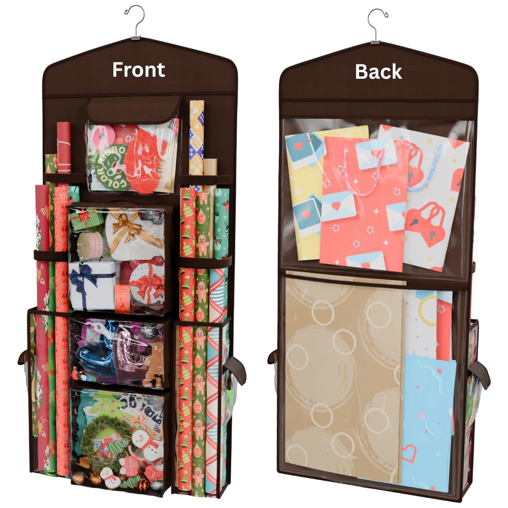 ProPik Hanging Double Sided Wrapping Paper Storage Organizer with Multiple Pockets, Organize your Gift Wrap, Gift Bags, Bows, Ribbons 40"X17" Fits 40 Inch Rolls Clear PVC Bag (Brown)