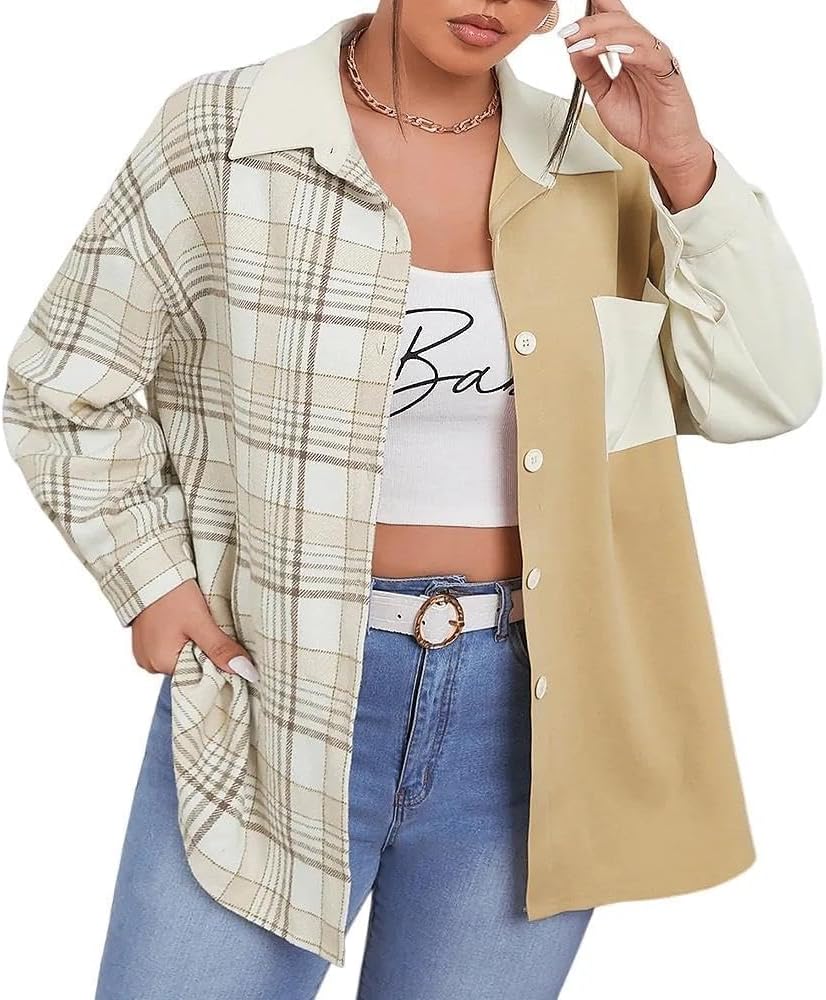 Women’s Color Block Flannel Shirt Long Sleeve, Plus Size Plaid Button Down Casual Flannel Jackets for Women Apricot