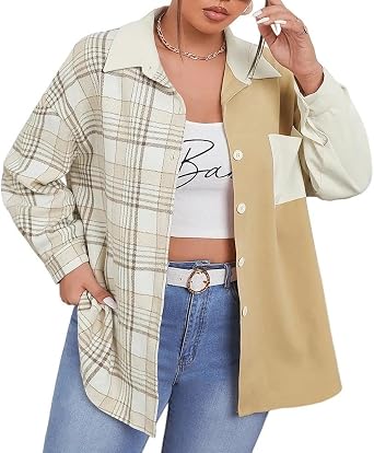 Womens Color Block Flannel Shirt Long Sleeve, Plus Size Plaid Button Down Casual Flannel Jackets for Women Apricot