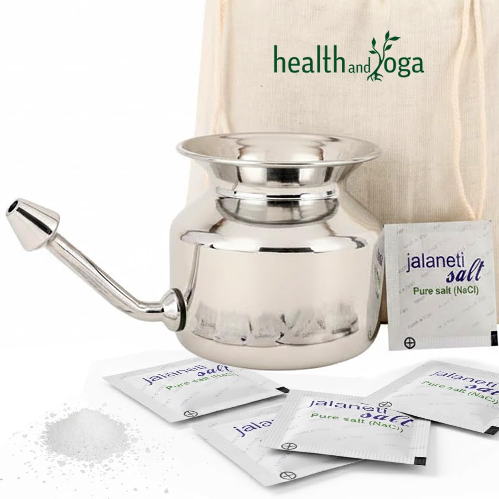 HealthAndYoga® SteloKleen Stainless Steel Jala Neti Pot (500ml)- Saline Nasal Wash Yoga Detox- Clears Congestion, Common Cold & Headaches- Washes out Mucus, Dirt & Pollutants- Ayurvedic Way of Life