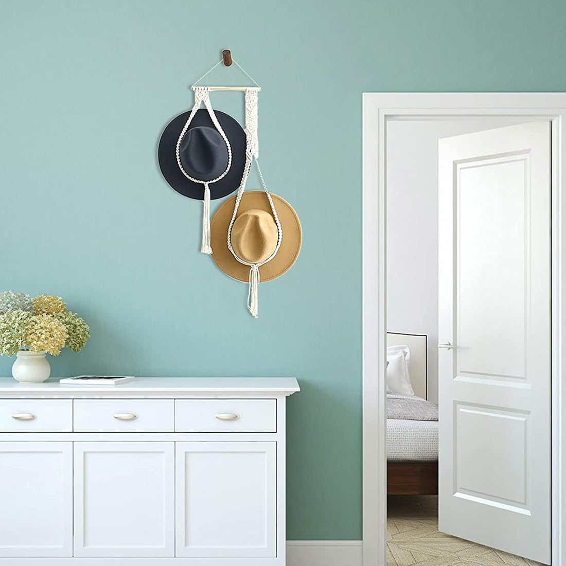 Appendiabiti Cappelli Bohémien In Legno E Cotone - Organizer Da Parete 1,6m Per Cappelli - Foto 8