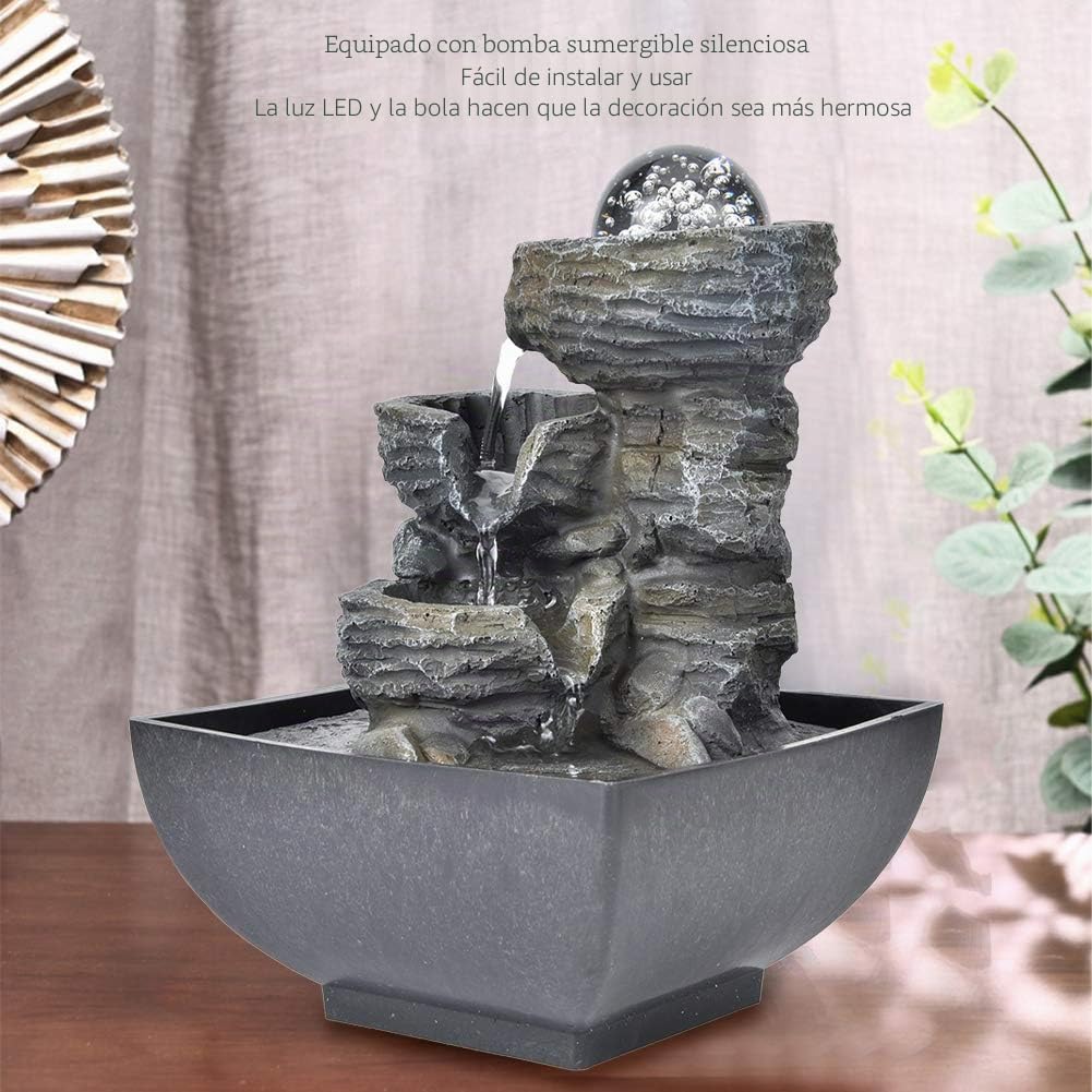 Ejoyous Cascada de Fuente de Interior con iluminación, Hermosa Fuente de Mesa Interior, Humidificador de Sala, Fuente de Agua, Decoración de Salón, para (Enchufe UE 220)