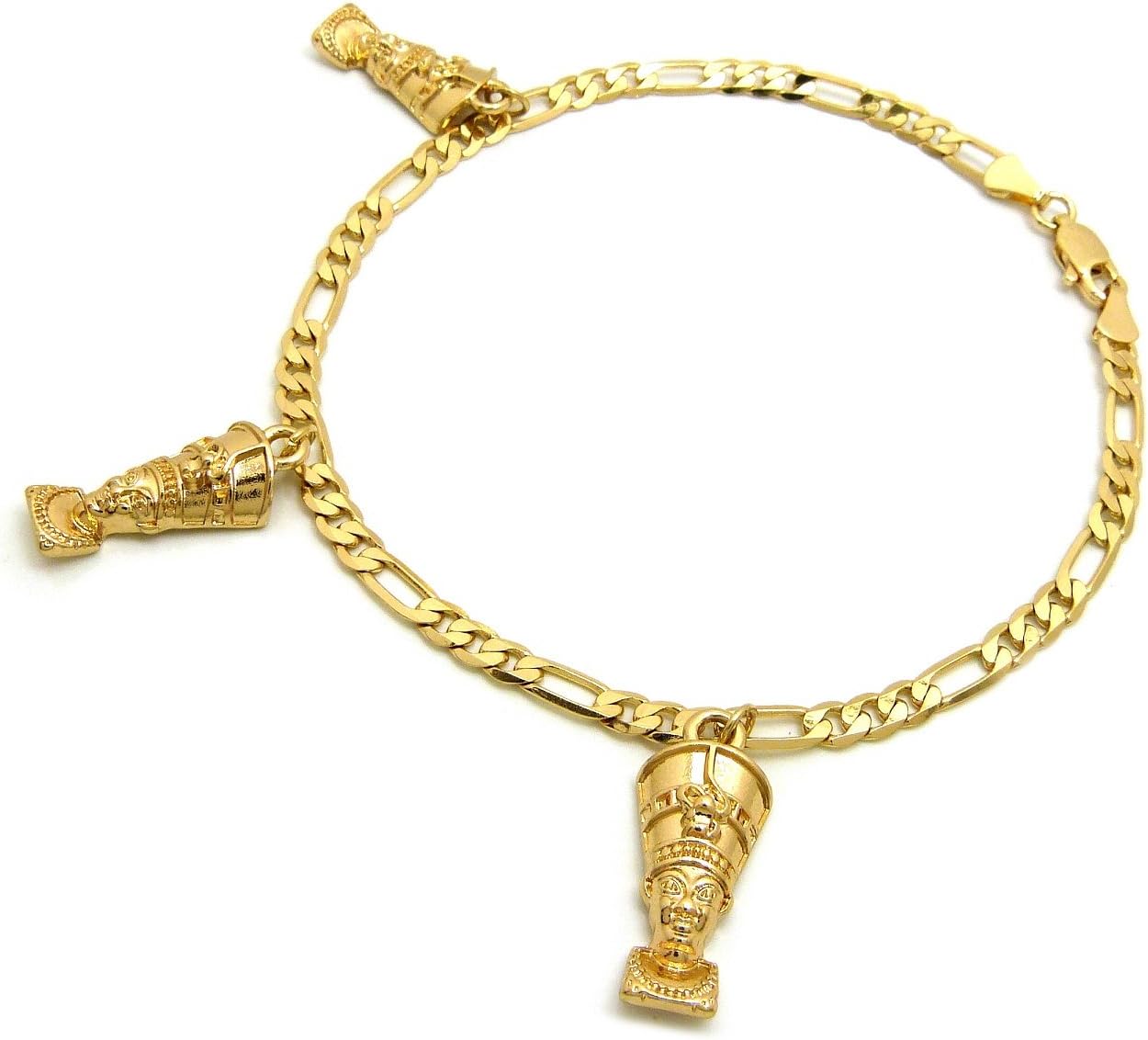 Fashion 21 Women's Egypt Ankh, Horus Bird, Nefertiti, Anubis, Pyramid Charms 3.5mm 10" Figaro Chain Anklet (Style - 5)