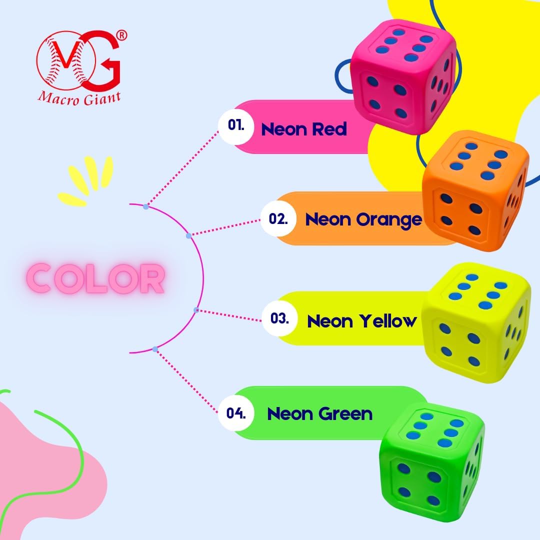 Macro Giant Jumbo 6-Inch Soft Foam Dice (Set of 4) – Neon Colors – Oversized PU Foam Cubes for Classroom Math Games & Early Learning