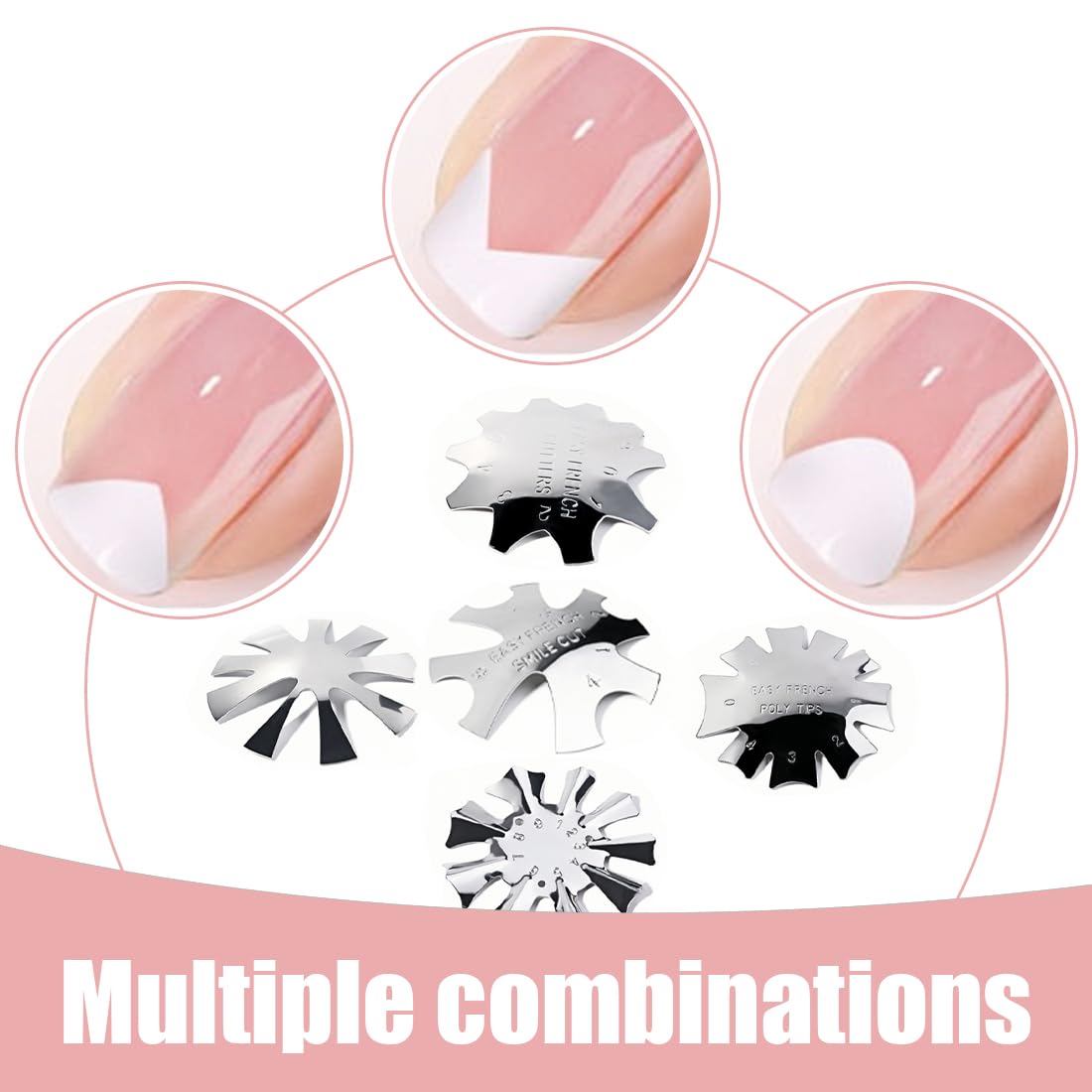 SGERUFZ 5 Piezas French Smile Line Edge Trimmer Cutter,Francesas Cortadores de Uñas Plantillas,Nail Art Edge Recortador Metal Plantilla Cutter Acrílico UV Gel Modelar(Plata)