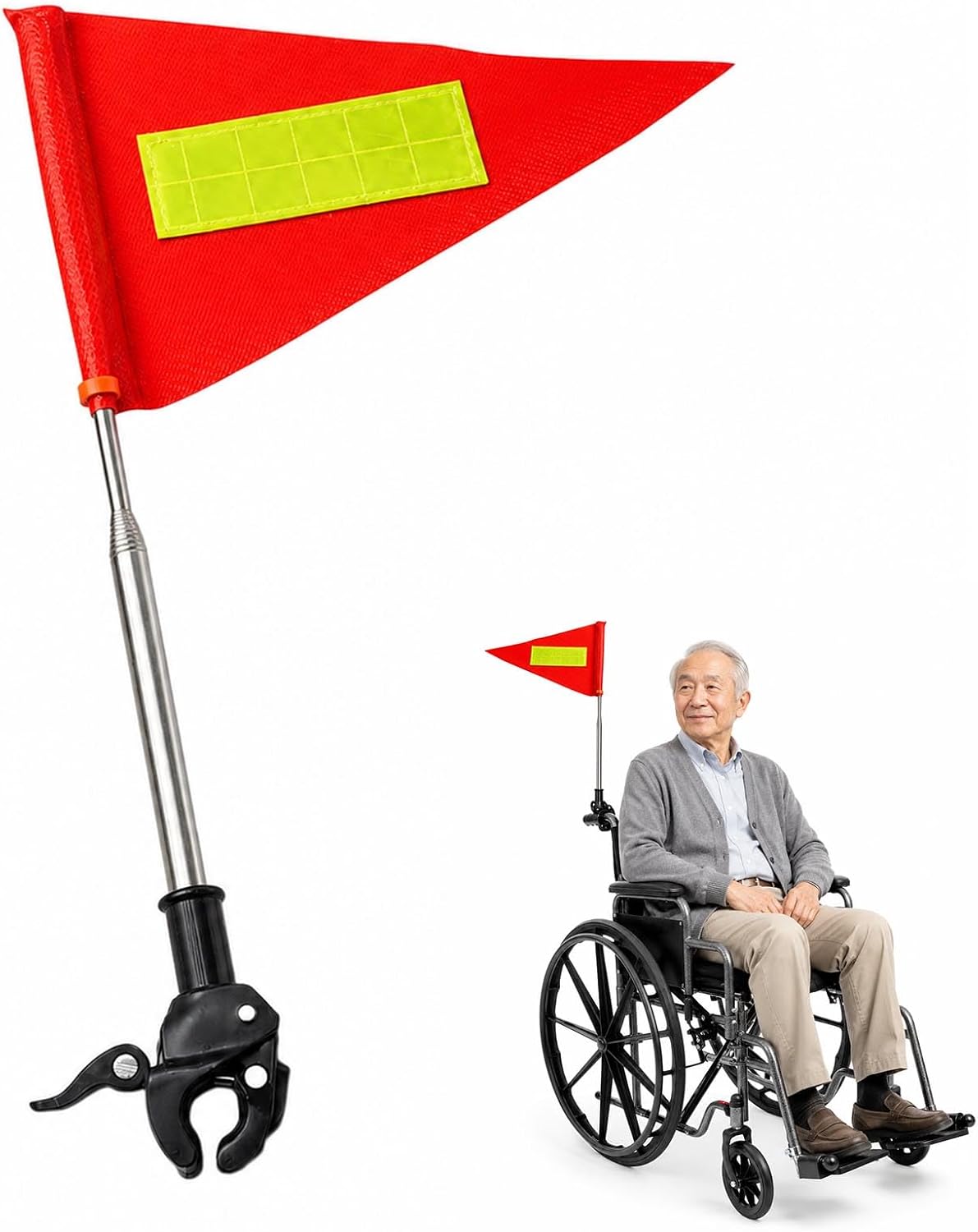 Mobility Scooter Safety Flag Pole Kit, 5.4 FT Telescoping Stainless Pole | Reflective 8 x 12 Inch Safety Flag with Clamp Mount for Mobility Scooters, Wheelchairs, Bikes and Trailers, Adjustable Height