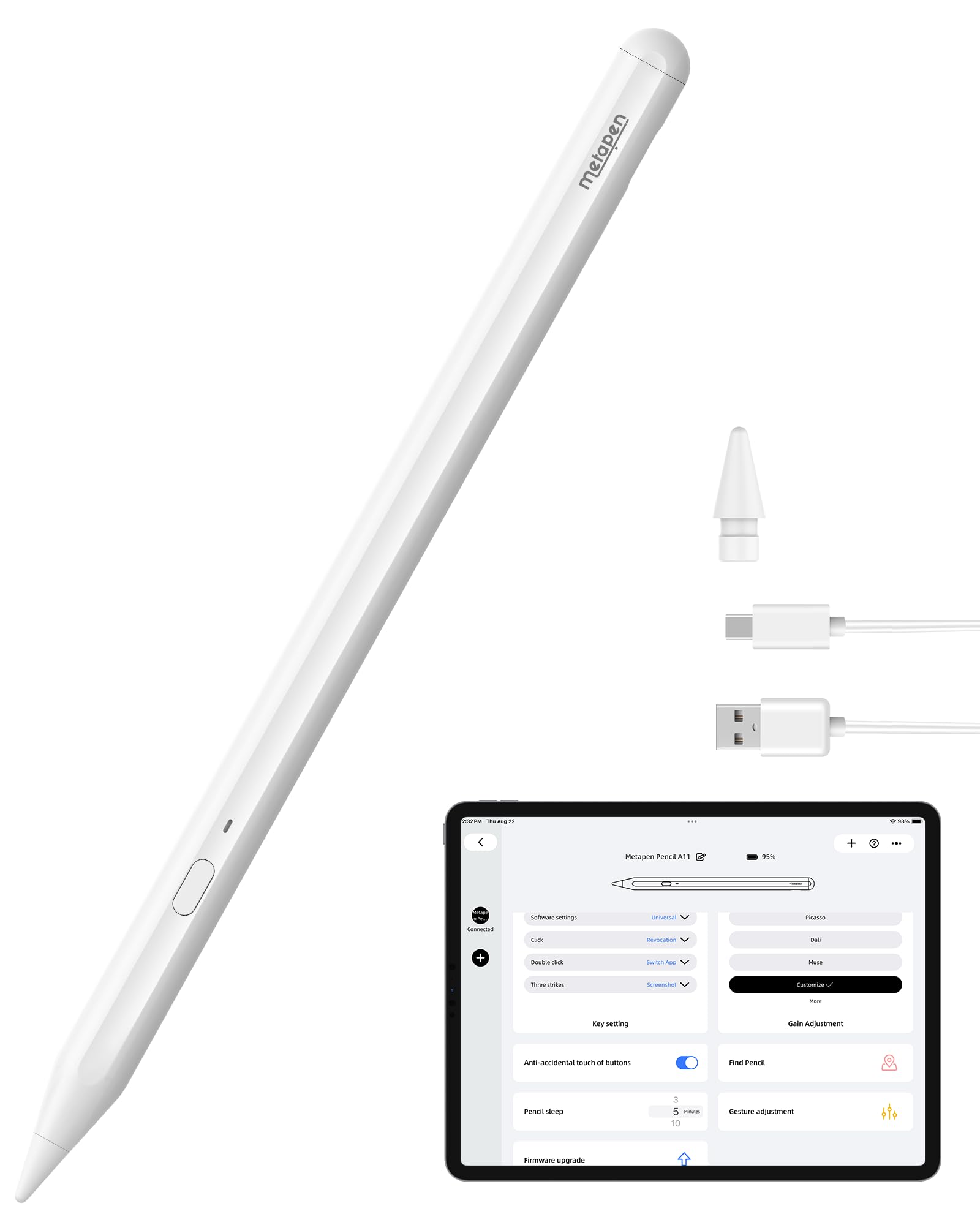 Metapen A11 iPad Pencil for iPad 6th-11th Quick Button Bluetooth 2X Fast Charge Stylus Pen for 2018-2026 Apple