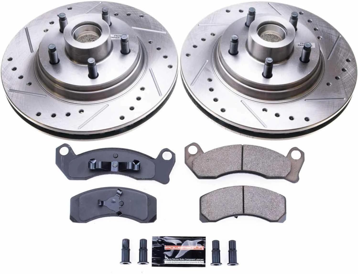 PowerStop Front Brake Kit for Ford Mustang 1984-86 |Lincoln Continental 1982-84 |Mark VII 1984 - Drilled and Slotted Disc Rotors with Carbon-Fiber Ceramic Brake Pads Replacement, K3089