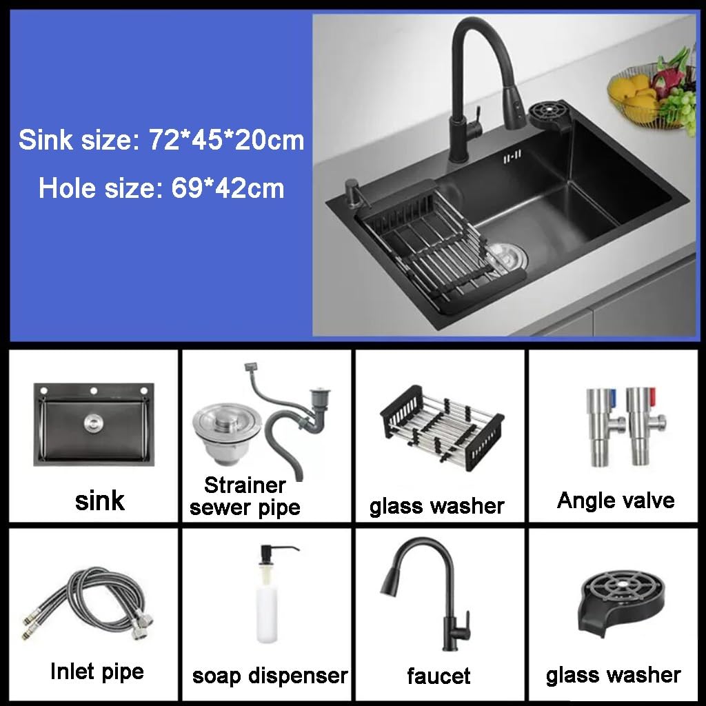 Siphon d'évier de cuisine avec robinet de lave-glace en verre Préparer l'évier Colis de comptoir Lavabo de piscine à eau, acier noir - 72 x 45 x 20 cm