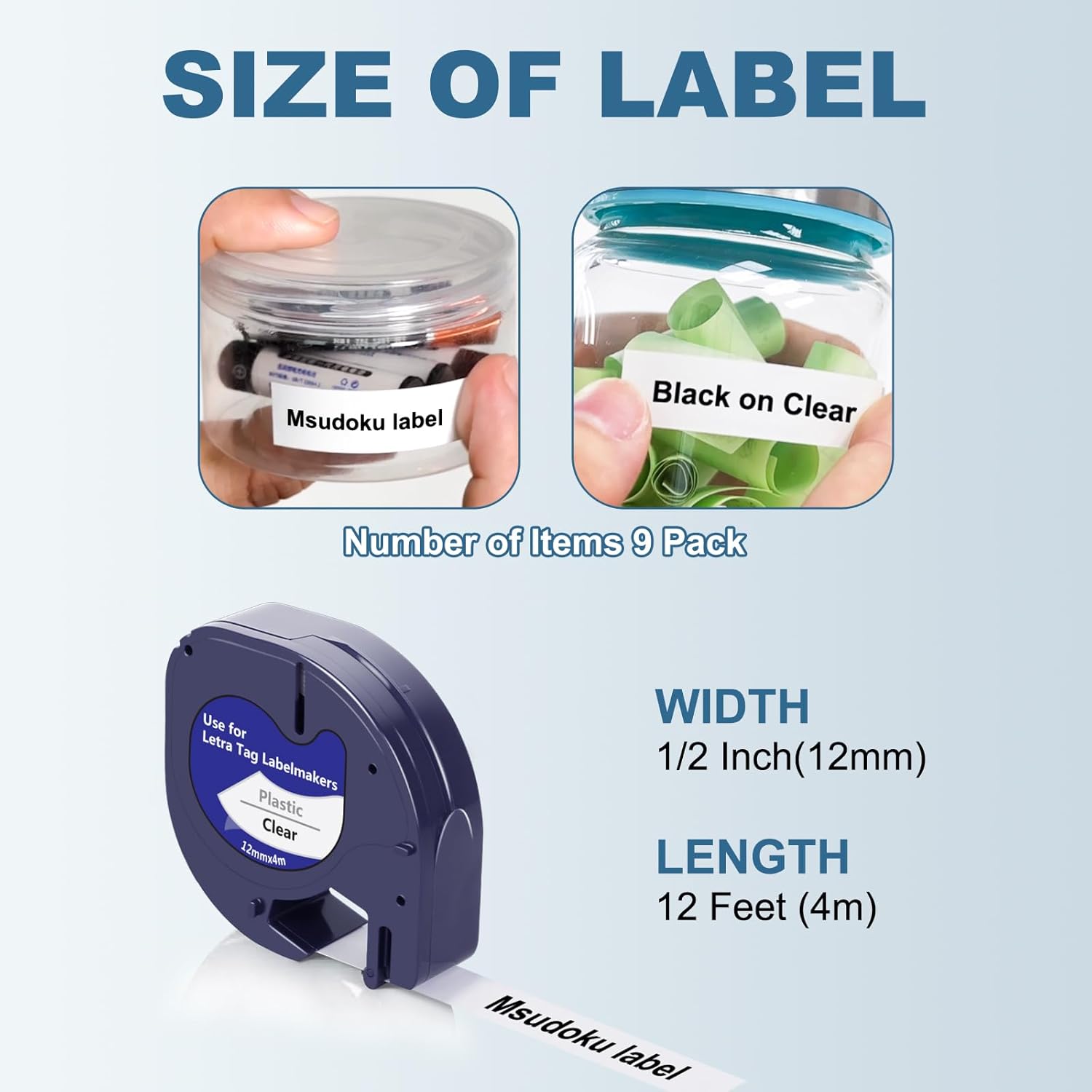 Clear Label Maker Tape Compatible for Dymo Label Maker Refills Clear Transparent 16952 S0721530 Letra Tag Refills 12mm x 4m for Letra Tag LT-100H LT-100T Plus LT-110T QX50 2000 XR, 9 Pack - Image 3