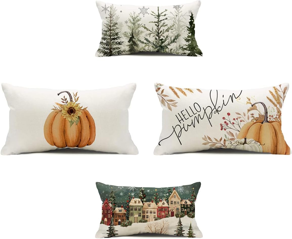 Fall & Christmas Throw Pillow Covers Set of 2, Double-Sided Lumbar Farmhouse Decor with Pumpkin, Christmas Trees, Winter Houses & Holiday Forest Patterns, 12x20 Inch