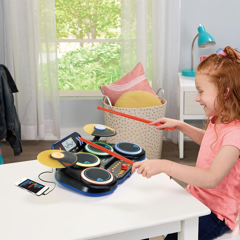 VTech Kidi DJ Drums, elektroniczny akumulator dla dzieci z podkładkami świecącymi, grami muzycznymi, trybem Bluetooth i wbudowanym mikrofonem, pałeczkami w zestawie, język włoski, baterie w zestawie,