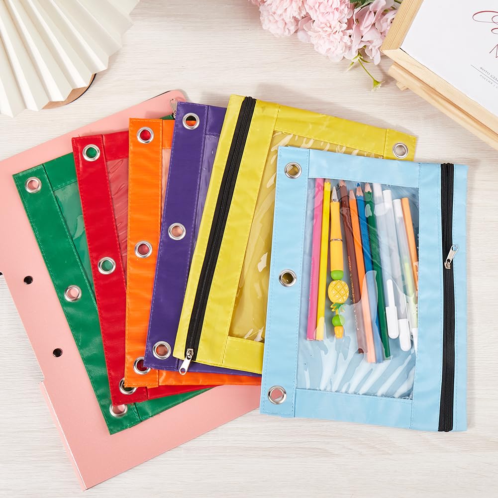 CRASPIRE 6Pcs 6 Colors Zippered Pencil Pouches Mixed Color for 3 Ring Oxford Cloth Pen Bags Cases Pouch Box Cosmetic Bags with Clear Window for Pencil Storing School Teacher Supplies Stationery - Image 4
