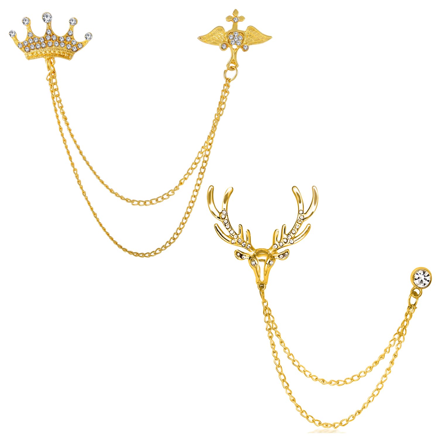 Okos Gold Plated MenS Jewellery Combo Of 2 Indo Western Reindeer And Long Chain Royal Crown Alloy Brooch Lapel Pin Studded With White Crystal Stones For Boys And Men CO1000378 (B0948TDXDM) Amazon Price History, Amazon Price Tracker