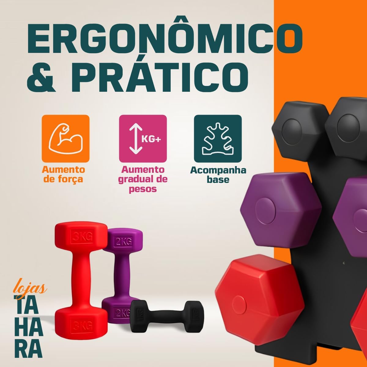 Kit 3 Pares de Halteres Sextavado de Plástico 1kg 2kg 3kg com Rack Suporte Preto Musculação Academia Fisioterapia - Lojas Tahara Kit 3 Pares de Halteres Sextavado de Plástico 1kg 2kg 3kg com Rack Suporte Preto Musculação Academia Fisioterapia - Lojas Tahara