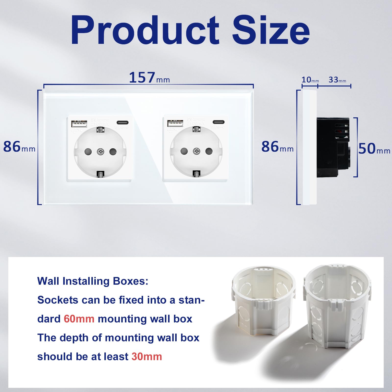 BSEED Enchufe de Pared con USB C,Enchufes Dobles Empotrados con Cristal,Toma de Corriente,Seguridad infantil,Fácil de Instalar,M Serie,2 Enchufes con USB y Tipo C,157mm Blanco — view 4