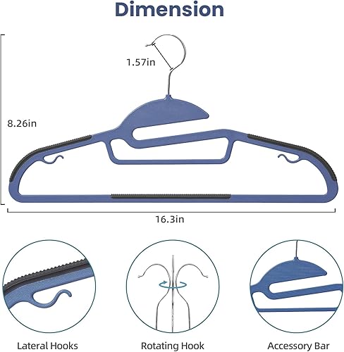 Vista 20 de BAGAIL Paquete de 50 perchas de plástico con diseño antideslizante, 0.2 pulgadas de grosor, gancho giratorio de 360°, organizador que ahorra espacio
