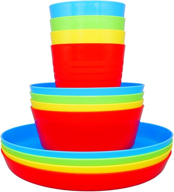 Bloomsworld Toddler Dinnerware Set, 4 Cups, 4 Bowls and 4 Plates, Reusable BPA Free Plastic, Picnic and Party Set for Boys and Girls - Bright