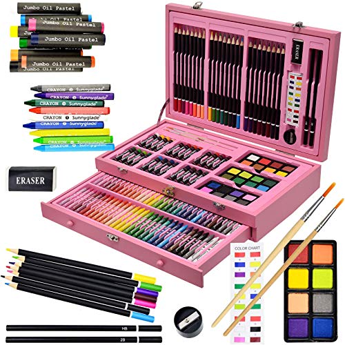 Sunnyglade 145 Piece Deluxe Art Set, Wooden Art Box & Drawing Kit with Crayons, Oil Pastels, Colored Pencils, Watercolor Cakes, Sketch Pencils, Paint Brush, Sharpener, Eraser, Color Chart (Pink)