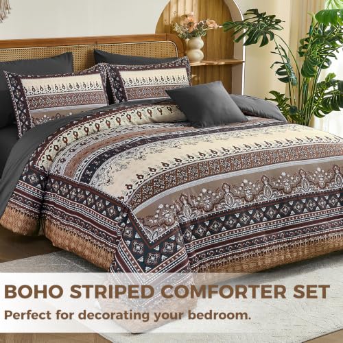 Image of Boho Comforter Set Full Size,8 Pieces Brown Black Striped Bedding Set