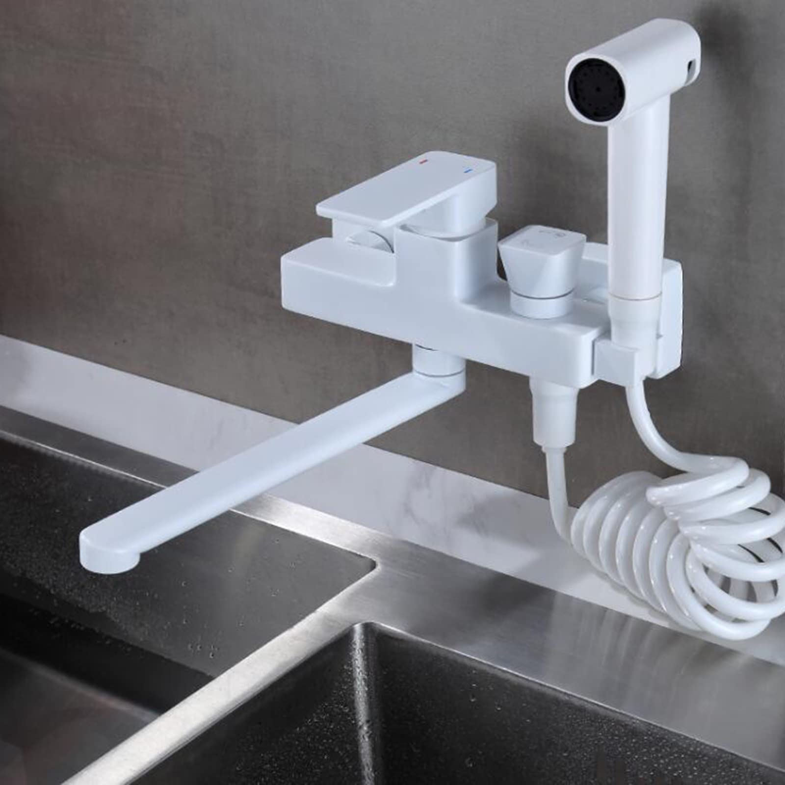 Generico Miscelatore Cucina a Parete, Rubinetto Cucina a Muro Bianco Rubinetto Lavabo con Pistola a Spruzzo Ottone Acqua Fredda e Calda Girevole Rubinetto Lavello Cucina-30 Cm